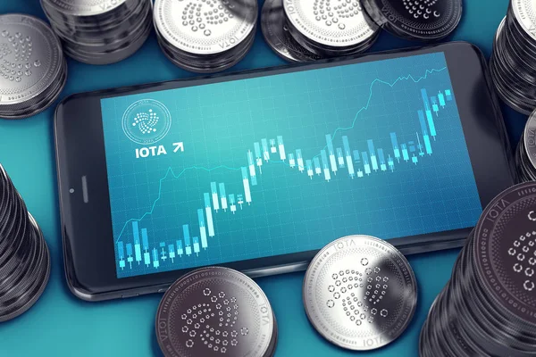 Smartphone with IOTA growth chart on-screen among piles of IOTA coins. IOTA growth concept. 3D rendering