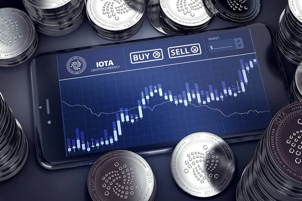 Smartphone with IOTA trading chart on-screen among piles of silver IOTA coins. IOTA trading concept. 3D rendering