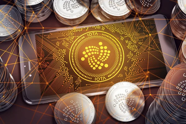 Smartphone Iota Screen Piles Iota Coins Iota Danger Concept Rendering — Stock Photo, Image