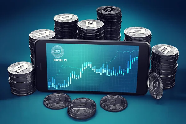 Smartphone with Ethereum Dashcoin growth chart on-screen among piles of Dash coins. Dashcoin growth concept. 3D rendering