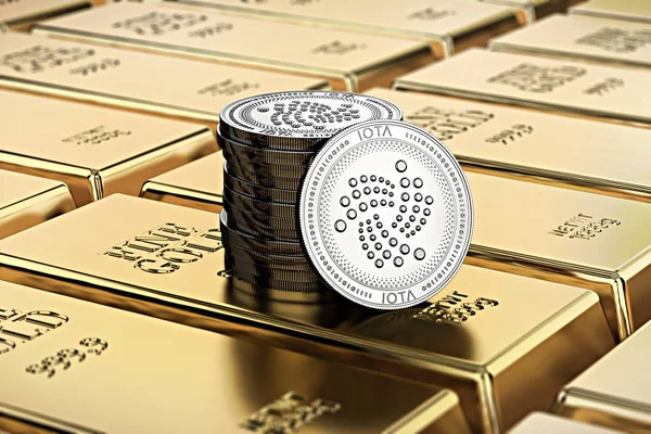 Monedas Iota Colocadas Sobre Barras Oro Apiladas Lingotes Oro Renderizadas — Foto de Stock