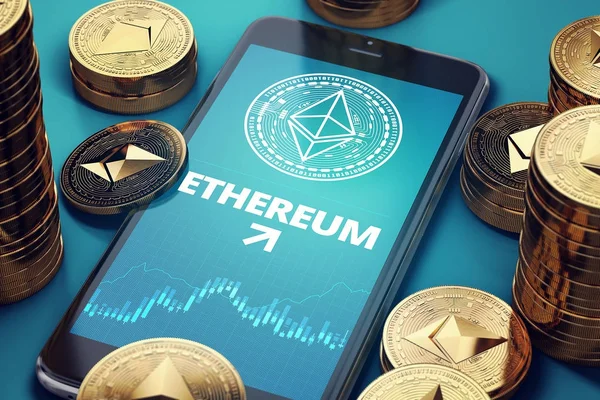 Smartphone with Ethereum growth chart on-screen among piles of golden Ethereum coins. ETH growth concept. 3D rendering
