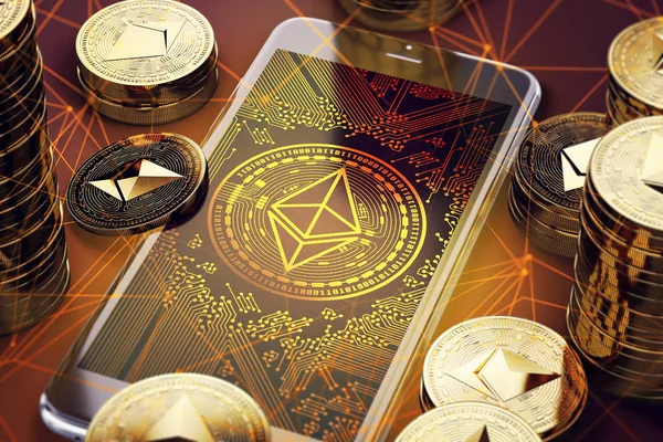 Smartphone with Ethereum on-screen among piles of Ethereum coins. Ethereum in danger concept. 3D rendering