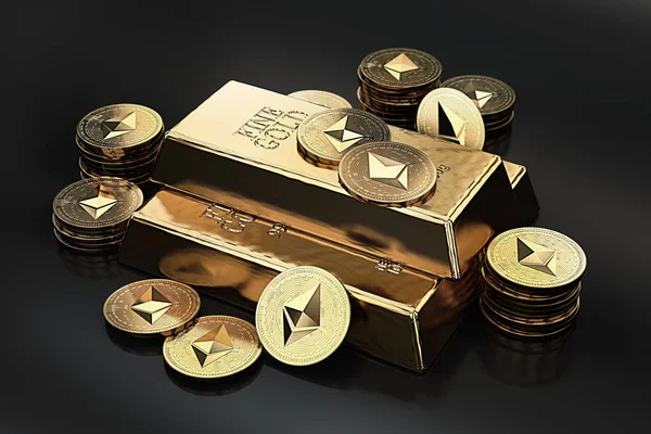 Gran Pila Monedas Oro Etereum Barra Oro Lingote Oro Etereum — Foto de Stock