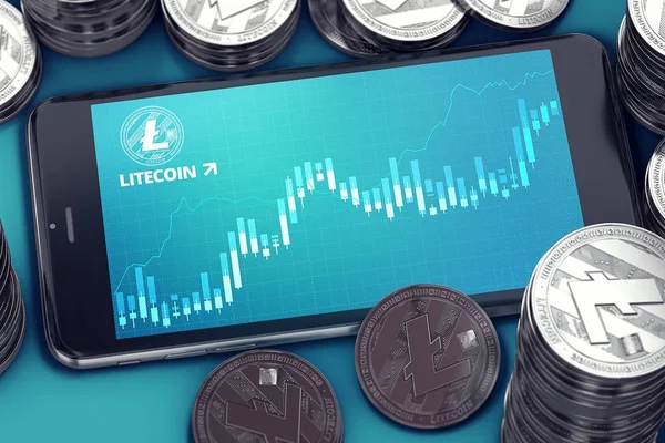 Smartphone with Litecoin growth chart on-screen among piles of silver Litecoins. Litecoin growth concept. 3D rendering