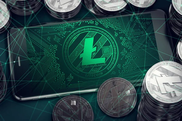 Smartphone with Litecoin symbol on-screen among piles of Litecoin. LTC virtual waller concept. 3D rendering