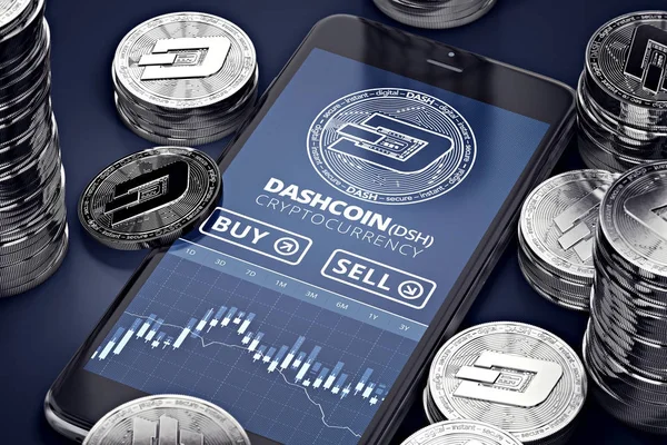 Smartphone with Dashcoin trading chart on-screen among piles of silver Dashcoins. Dashcoin trading concept. 3D rendering