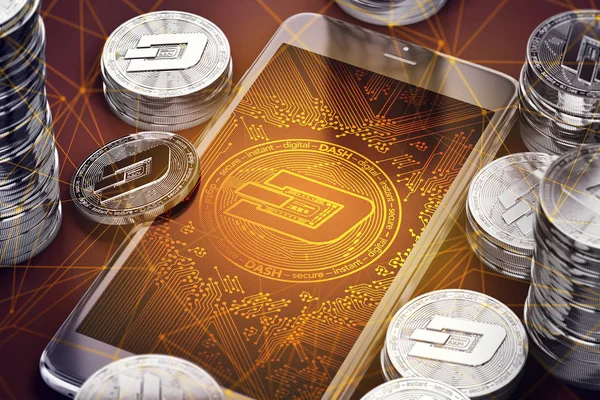 Smartphone with Dashcoin on-screen among piles of Dashcoins. Dashcoin in danger concept. 3D rendering