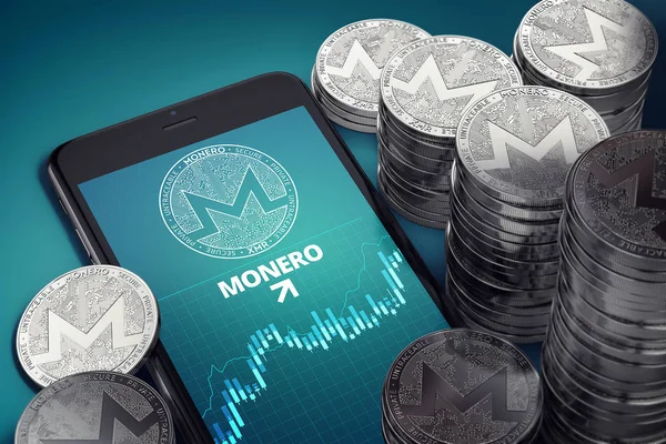 Smartphone with Monero growth chart on-screen among piles of silver Monero coins. Monero growth concept. 3D rendering