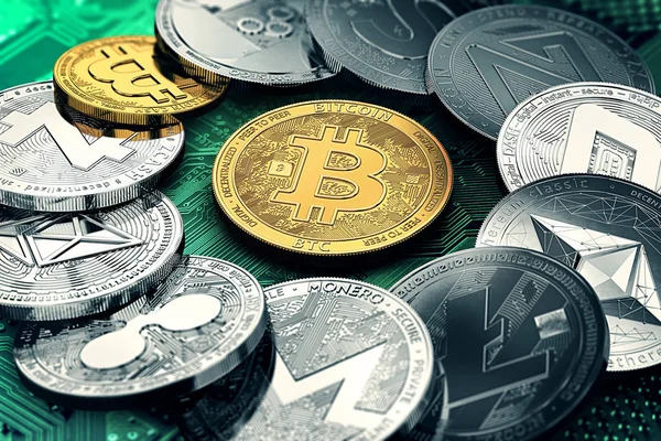 Huge stack of cryptocurrencies in a circle with a golden bitcoin in the middle. Bitcoin as most important cryptocurrency concept. 3D illustration — Stock Photo, Image