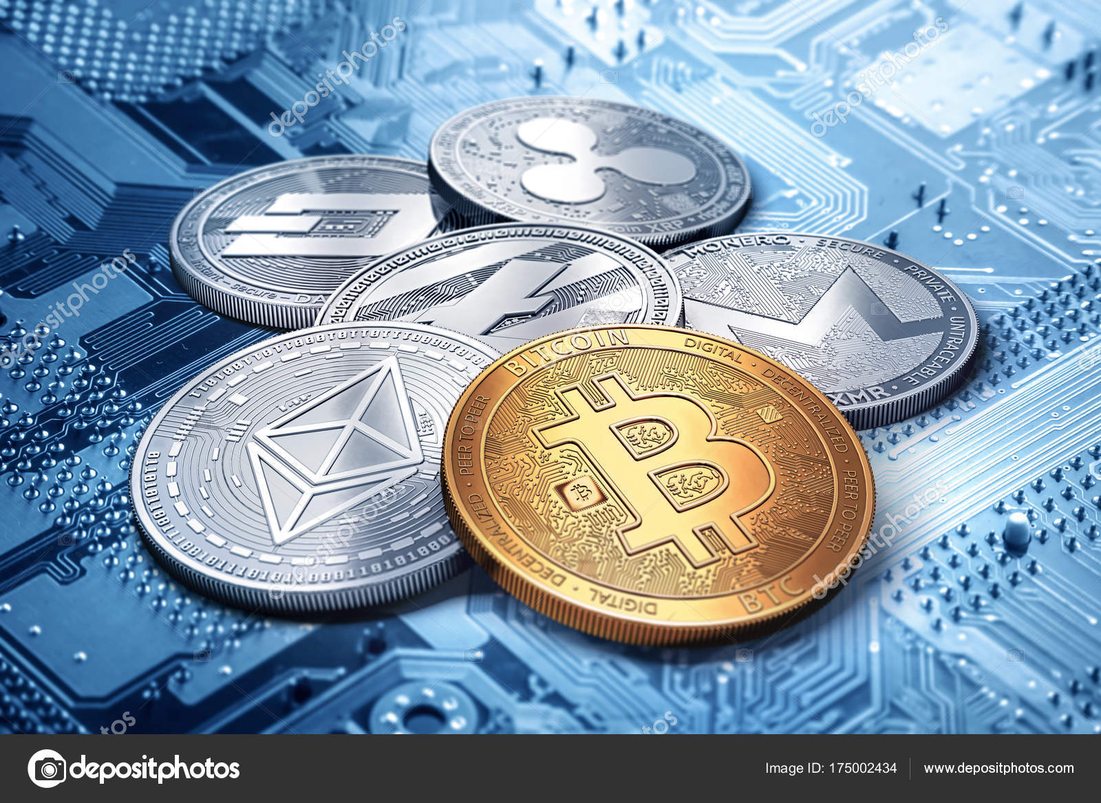 Stack of cryptocurrencies: bitcoin, ethereum, litecoin ...