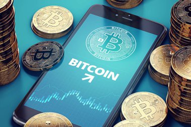 Smartphone ile Bitcoin büyüme grafik ekran Bitcoins yığınları arasında. Bitcoin başarı kavramı. 3D render