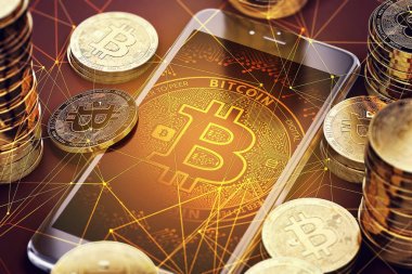 Smartphone ile ekranda Bitcoins yığınları arasında Bitcoin. Bitcoin tehlike kavram. 3D render