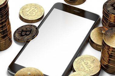 Smartphone görüntülemek rasgele tasarım Bitcoin kazık tarafından çevrelenmiş mekanı ile. Beyaz boşaltmak izole. 3D render