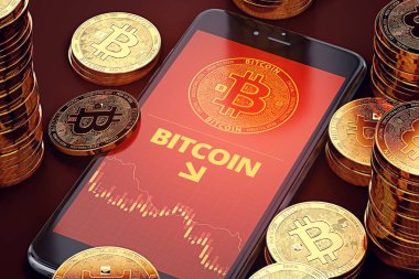 Smartphone Bitcoin ile grafik ekran Bitcoins yığınları arasında düşüş. Bitcoin düşüş kavramı. 3D render