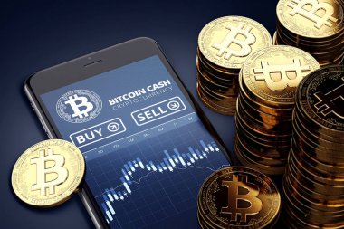 Bitcoin grafik ekran altın Bitcoin nakit para yığınları arasında ticaret para ile akıllı telefon. Gizli/Bch ticaret kavramı. 3D render