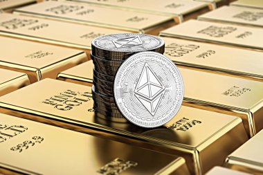 Yığılmış altın döşeme Ethereum paraları alan sığ derinliği ile işlenen barlar (altın külçe). Son derece cazip cryptocurrency kavramı. 3D render