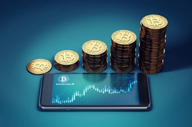 Bitcoin para ile Smartphone dalgalanma grafik ve büyüyen altın Bitcoin nakit para yığınları. Bitcoin nakit (gizli/Bch) büyüme kavramı. 3D render