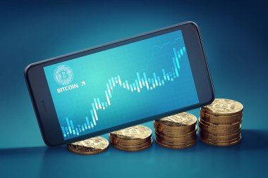 Smartphone Bitcoin dalgalanma ile grafik ekran altın Bitcoins yığınları büyüyen döşeme. Bitcoin büyüme kavramı. 3D render