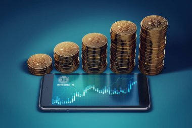 Smartphone ile Bitcoin dalgalanma grafik ve altın Bitcoins büyüyen yığınları. Bitcoin büyüme kavramı. 3D render