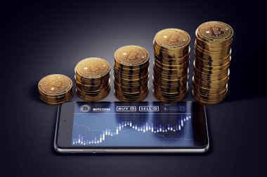 Bitcoin ile Smartphone ekran grafik ve altın Bitcoins yığınları büyüyen. Bitcoin büyüme kavramı. 3D render