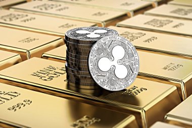 Döşeme üzerinde yığılmış altın sikke dalgalanma alan sığ derinliği ile işlenen barlar (altın külçe). Son derece cazip cryptocurrency kavramı. 3D render