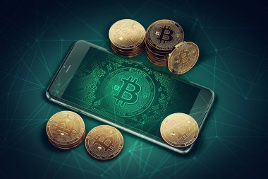 Smartphone Bitcoin ile ekrandaki sembol ve yığını, altın Bitcoins. 3D render