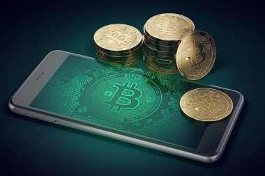 Smartphone Bitcoin ile ekrandaki sembol ve yığını, altın Bitcoins. 3D render
