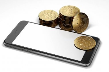 Smartphone görüntülemek rasgele tasarım Bitcoin kazık tarafından çevrelenmiş mekanı ile. Beyaz boşaltmak izole. 3D render
