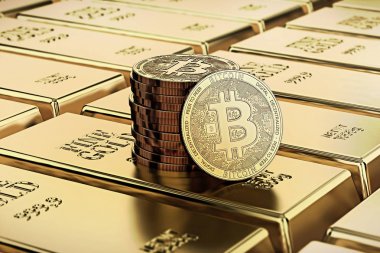 Bitcoin döşeme yığılmış altın barlar (Altın külçe) alan sığ derinliği ile işlenir. Bitcoin altın kavram olarak arzu. 3D render
