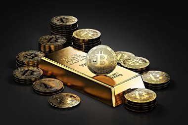 Bitcoins ve altın (altın külçe) bar büyük yığını. Gelecekteki altın (dünyanın en değerli emtia) olarak Bitcoin. 3D render