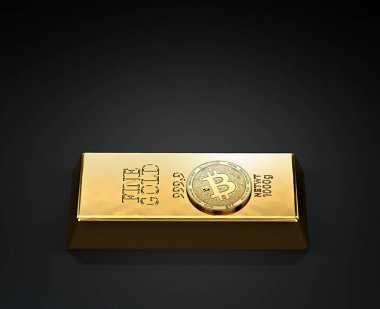 Altın Bitcoin altın külçe (külçe bar) kopya alanı kullanılabilir yukarıda ile döşeme. Gelecekteki altın (dünyanın en değerli emtia) olarak Bitcoin. 3D render