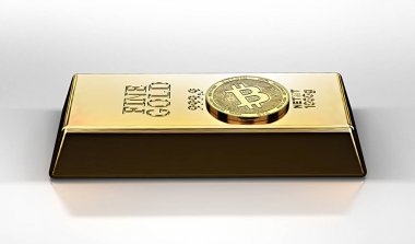 Altın Bitcoin altın külçe (külçe bar) döşeme. Gelecekteki altın (dünyanın en değerli emtia) olarak Bitcoin. 3D render