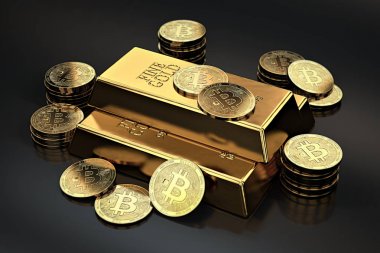 Bitcoins ve altın külçe (külçe bar) yığını. Gelecekteki altın (dünyanın en değerli emtia) olarak cryptocurrencies. 3D render