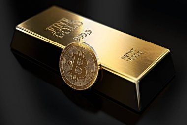 Altın Bitcoin altın külçe (külçe bar) karşı yalın. Bitcoin altından daha fazla tercih başarısız olur. 3D render