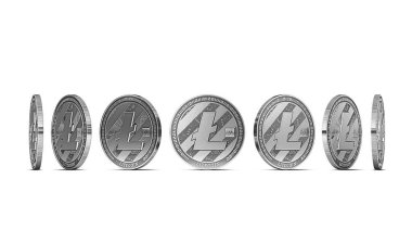 Beyaz arka plan üzerinde izole yedi açılardan gösterilen Litecoin. Kes şunu ve belirli sikke açısı kullanımı kolay. 3D render