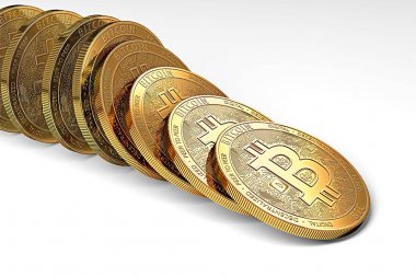 domino etkisi çöken bitcoins satır. Pazar kavramı belirsiz bitcoin pozisyon. 3D render