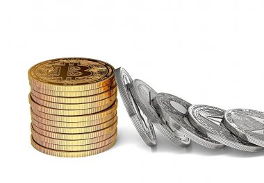 bitcoins yığını diğer altcoin'ın domino etkisi direnir. Bitcoin güçlü ve istikrarlı bir kavram. 3D render