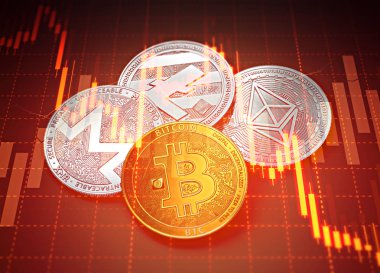 Cryptocurrencies başarı grafikleri azalan grafiklerle. Cryptocurrencies kavramı reddedin. 3D render