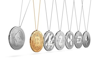 Ethereum sikke Newton'un beşiği üzerinde artırır ve diğer cryptocurrencies hızlandırır ve ileri geri. Cryptocurrencies artırılması bir başka konsept fiyatlar. 3D render.