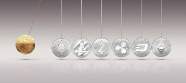 Newton'un beşiği üzerinde Bitcoin artırır ve diğer cryptocurrencies hızlandırır ve ileri geri. Cryptocurrencies artırılması bir başka konsept fiyatlar. 3D render.