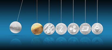 Ethereum sikke Newton'un beşiği üzerinde artırır ve diğer cryptocurrencies hızlandırır ve ileri geri. Cryptocurrencies artırılması bir başka konsept fiyatlar. 3D render.