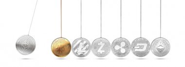 Ethereum sikke Newton'un beşiği üzerinde artırır ve diğer cryptocurrencies hızlandırır ve ileri geri. Cryptocurrencies artırılması bir başka konsept fiyatlar. 3D render.