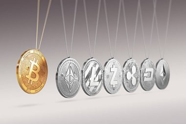 Newton'un beşiği üzerinde Bitcoin artırır ve diğer cryptocurrencies hızlandırır ve ileri geri. Cryptocurrencies artırılması bir başka konsept fiyatlar. 3D render.