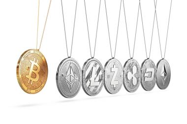 Newton'un beşiği üzerinde Bitcoin artırır ve diğer cryptocurrencies hızlandırır ve ileri geri. Cryptocurrencies artırılması bir başka konsept fiyatlar. 3D render.
