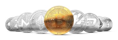 Set of cryptocurrencies with a golden bitcoin on the front as the leader. Bitcoin as most important cryptocurrency concept. clipart