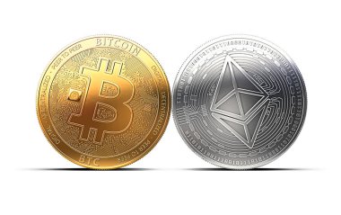Bitcoin ve Ethereum beyaz arka plan üzerinde izole liderlik için savaşır. Rakip cryptocurrencies kavramı.