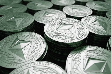 Ethereum klasik (vb) bulanık closeup paraları. Yeni cryptocurrency ve modern bankacılık kavramı. 3D render.