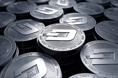 Dash para bulanık closeup çıktı. Yeni cryptocurrency ve modern bankacılık kavramı. 3D render.