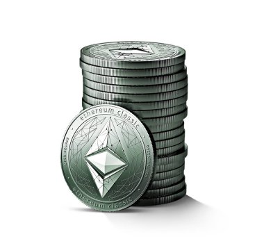 Sikke üzerinde izole beyaz arka plan kazık veya gümüş Ethereum klasik (vb) yığını. Bir jeton doğru açık olduğundan. 3D render (yeni sanal para)